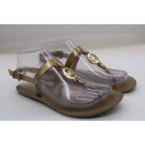 Michael Kors Womens Lillie Gold Size 7 MK Logo Plate Jelly Thong PVC Sandals